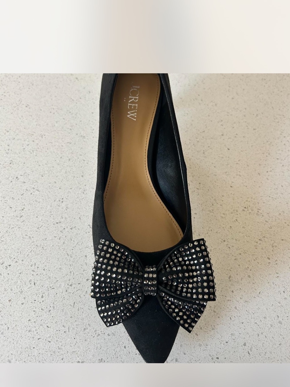 J.Crew Black Pointed Toe Bow Flat with Crystal Studs NWT